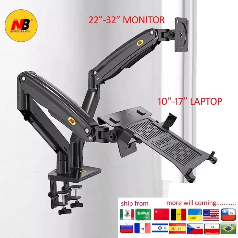 NEW NB F195A-DA 3-12Kg Aluminum 22-32" Computer Screen Stand Gas Spring Arm Full Motion + Laptop Mount